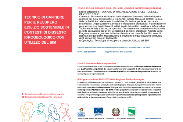 IFTS 2023-2024: TECNICO DI CANTIERE PER IL RECUPERO EDILIZIO SOSTENIBILE IN CONTESTI DI DISSESTO IDROGEOLOGICO CON UTILIZZO DEL BIM