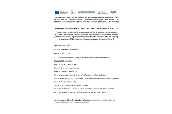 COMPETENZE DIGITALI PER IL LAVORO NEL TERRITORIO DI PIACENZA - GOL1